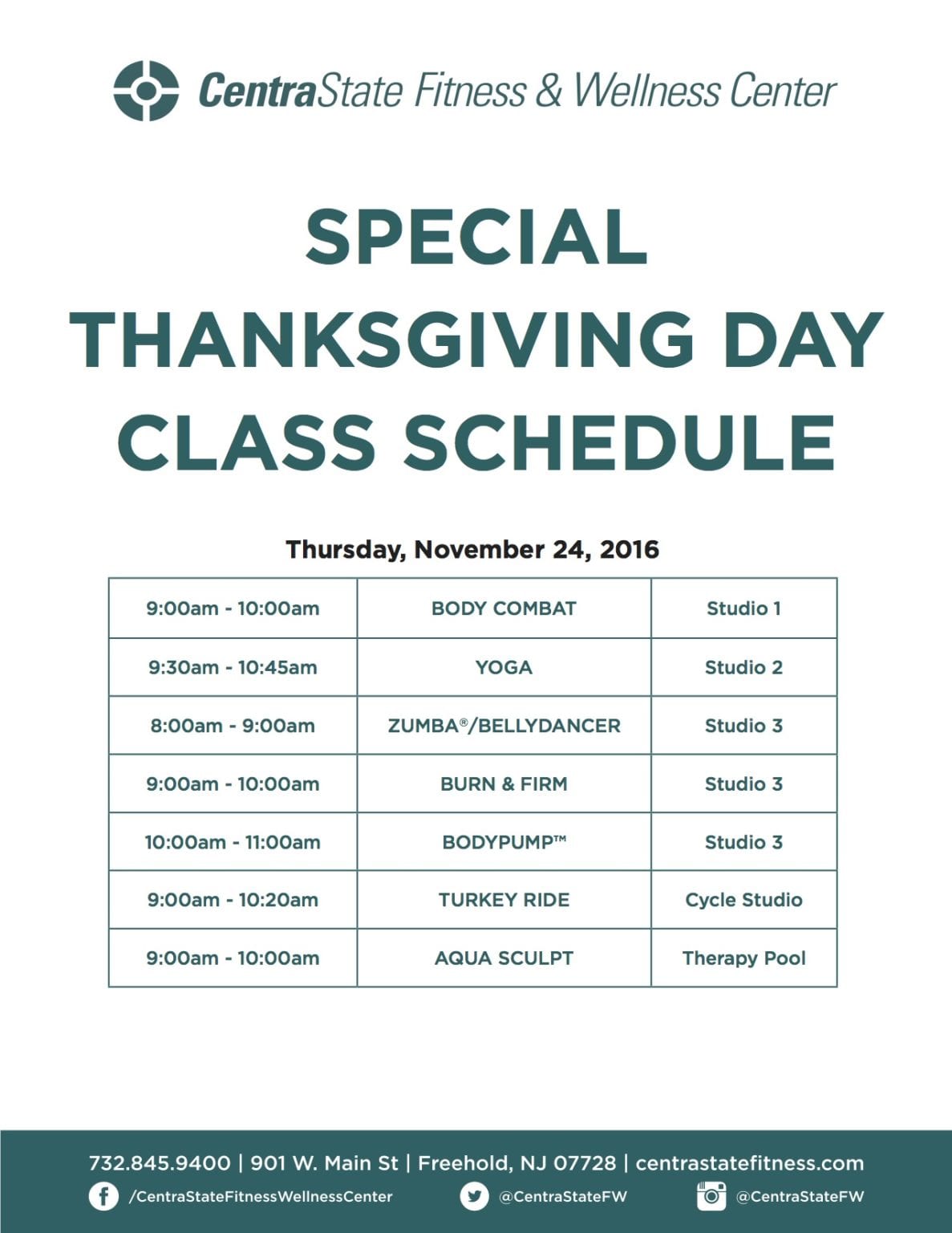 Thanksgiving Group Fitness Schedule CentraState Fitness and Wellness