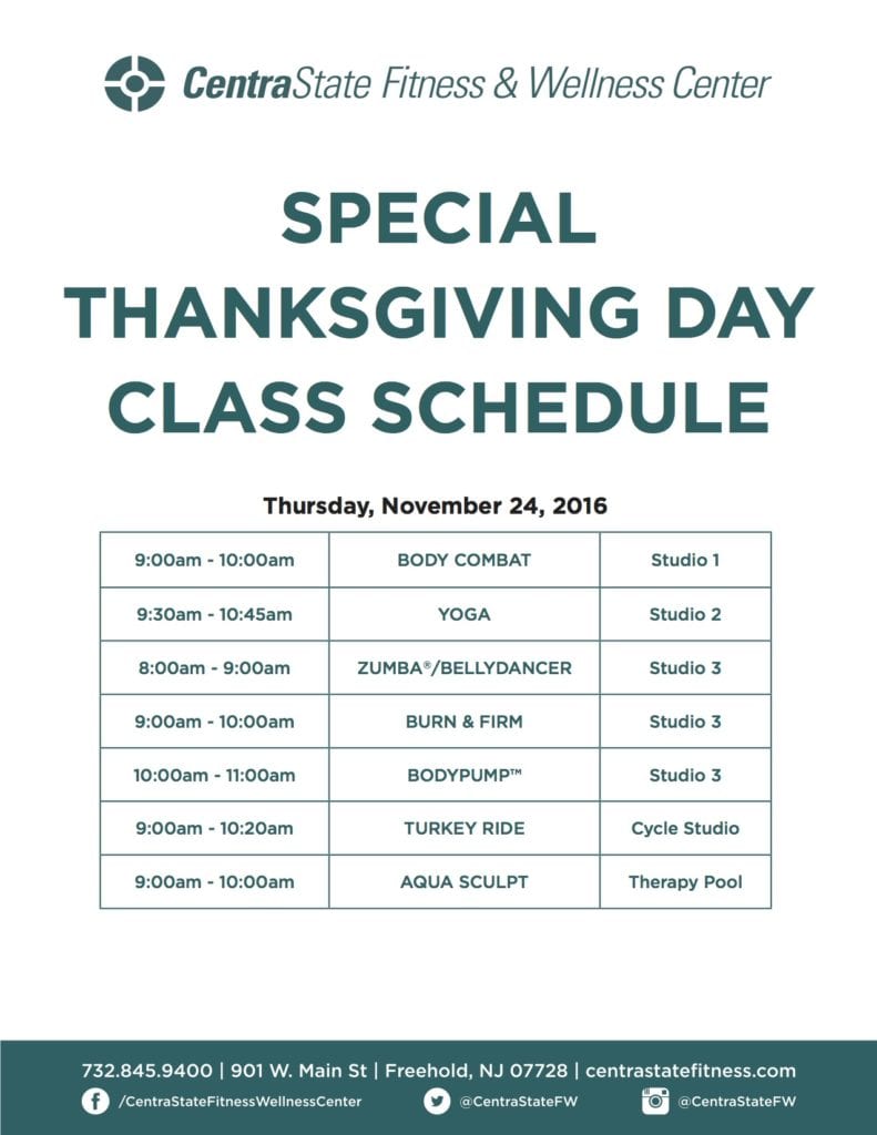 Thanksgiving Group Fitness Schedule CentraState Fitness and Wellness